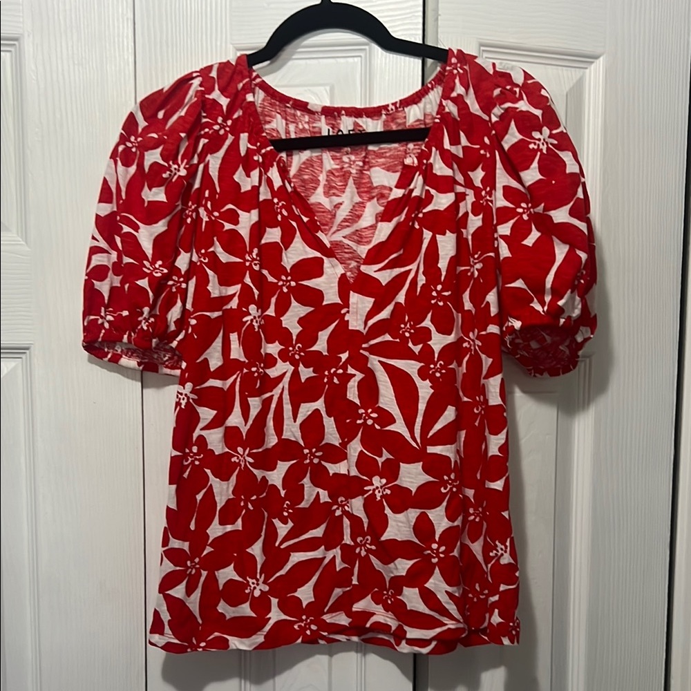 LOFT Red and White Puff Sleeve Ruffled Blouse